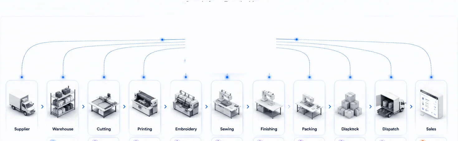 SnapTech platform connected to every department: Supplier, Warehouse, Cutting, Printing, Embroidery, Sewing, Finishing, Packing, Disçktrck, Dispatch, and Sales.