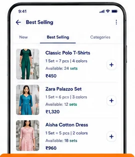 QuikSell Best Selling catalog with Classic Polo T-Shirts, Zara Palazzo Set and Aisha Cotton Dress, showing set sizes, colors, available sets and prices