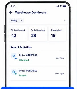 QuikSell Warehouse Dashboard for Today showing To Be Allocated 42, To Be Dispatched 28, Dispatched 15, and Recent Activities for Order #ORD1256 Allocated 2m ago and Order #ORD1255 Packed 15m ago