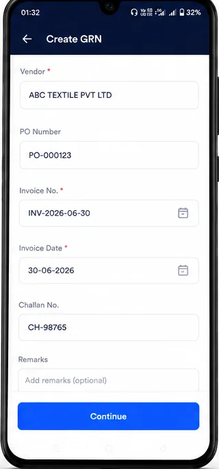 QuikStock Create GRN form with vendor, PO number, and invoice details
