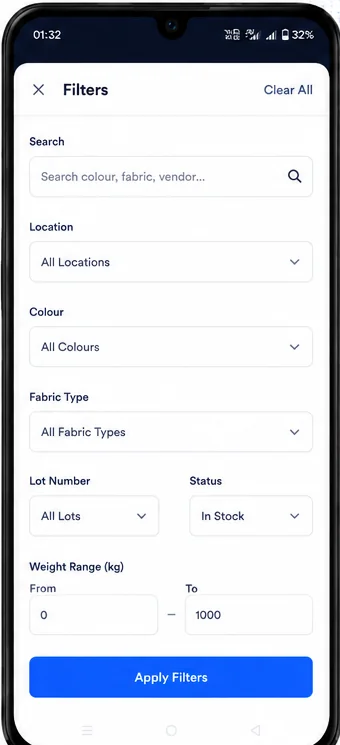 QuikStock Filters screen with location, colour, fabric type and status options