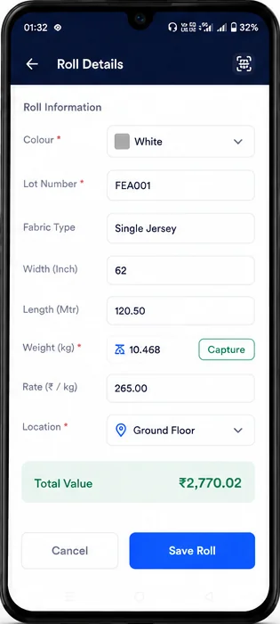QuikStock Roll Details form with colour, lot number, weight, and location