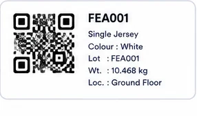 Roll FEA001 QR code with details: Single Jersey, Colour White, Lot FEA001, Weight 10.468 kg, Location Ground Floor