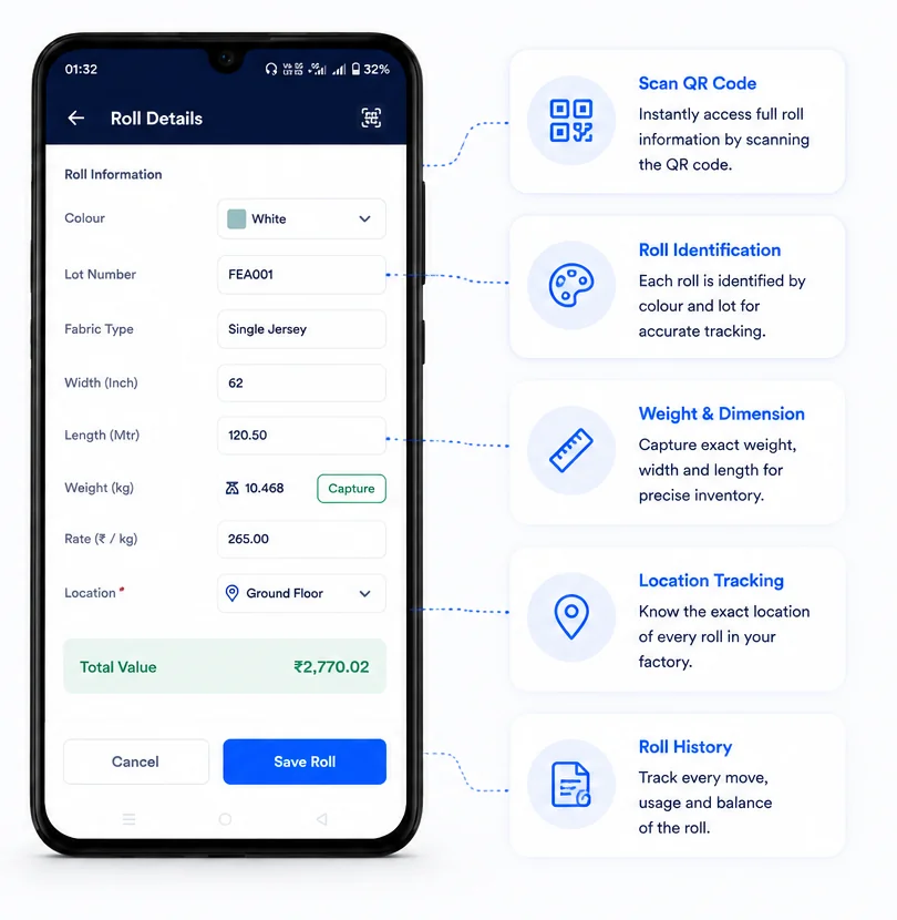 QuikStock Roll Details screen with callouts: Scan QR Code, Roll Identification by colour and lot, Weight & Dimension capture, Location Tracking, and Roll History, each pointing to its field on the app