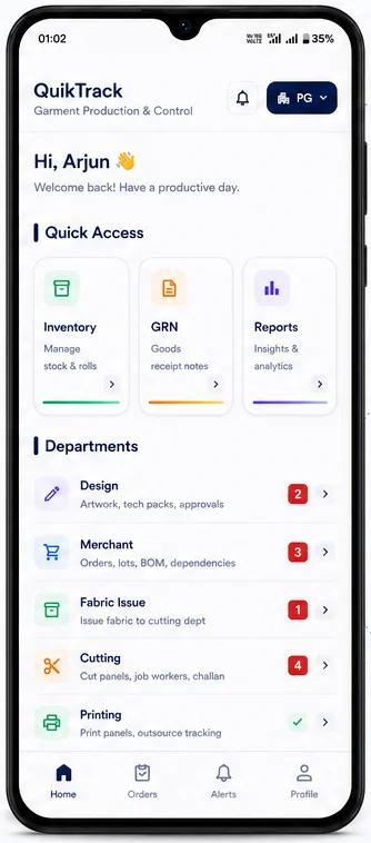 QuikTrack home screen showing Quick Access to Inventory, GRN and Reports, plus Departments — Design, Merchant, Fabric Issue, Cutting and Printing with live alert counts