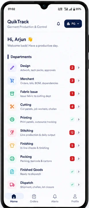 QuikTrack home screen on mobile showing the full department list: Design, Merchant, Fabric Issue, Cutting, Printing, Stitching, Finishing, Packing, Finished Goods, and Dispatch