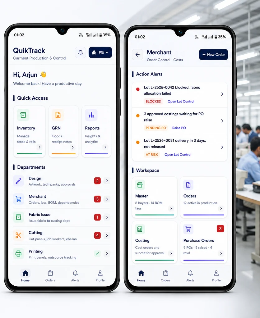 QuikTrack home screen showing quick access to Inventory, GRN, Reports, and departments like Design, Merchant, Fabric Issue, Cutting, and Printing, alongside the Merchant screen showing order control, action alerts, and workspace for Master, Orders, Costing, and Purchase Orders