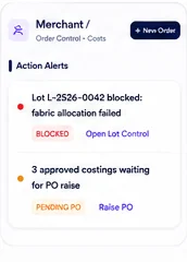 Merchant workspace preview: Order Control and Costs with Action Alerts — Lot L-2526-0042 blocked: fabric allocation failed (Blocked, Open Lot Control), 3 approved costings waiting for PO raise (Pending PO, Raise PO)