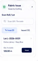 Operator workspace preview: Fabric Issue to Cutting with Scan Roll / Lot barcode search, To Issue (5) and Issued (12) tabs, Lot L-2526-0031 Cotton Jersey Navy Blue, Qty Available 120.50 m, Issue button