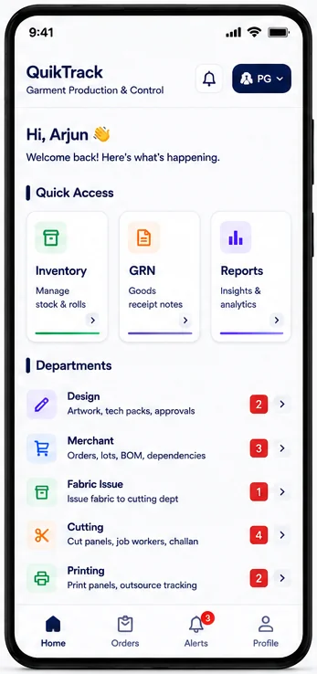 QuikTrack home screen showing Quick Access to Inventory, GRN and Reports, plus Departments — Design, Merchant, Fabric Issue, Cutting and Printing — with live alert badges and bottom navigation