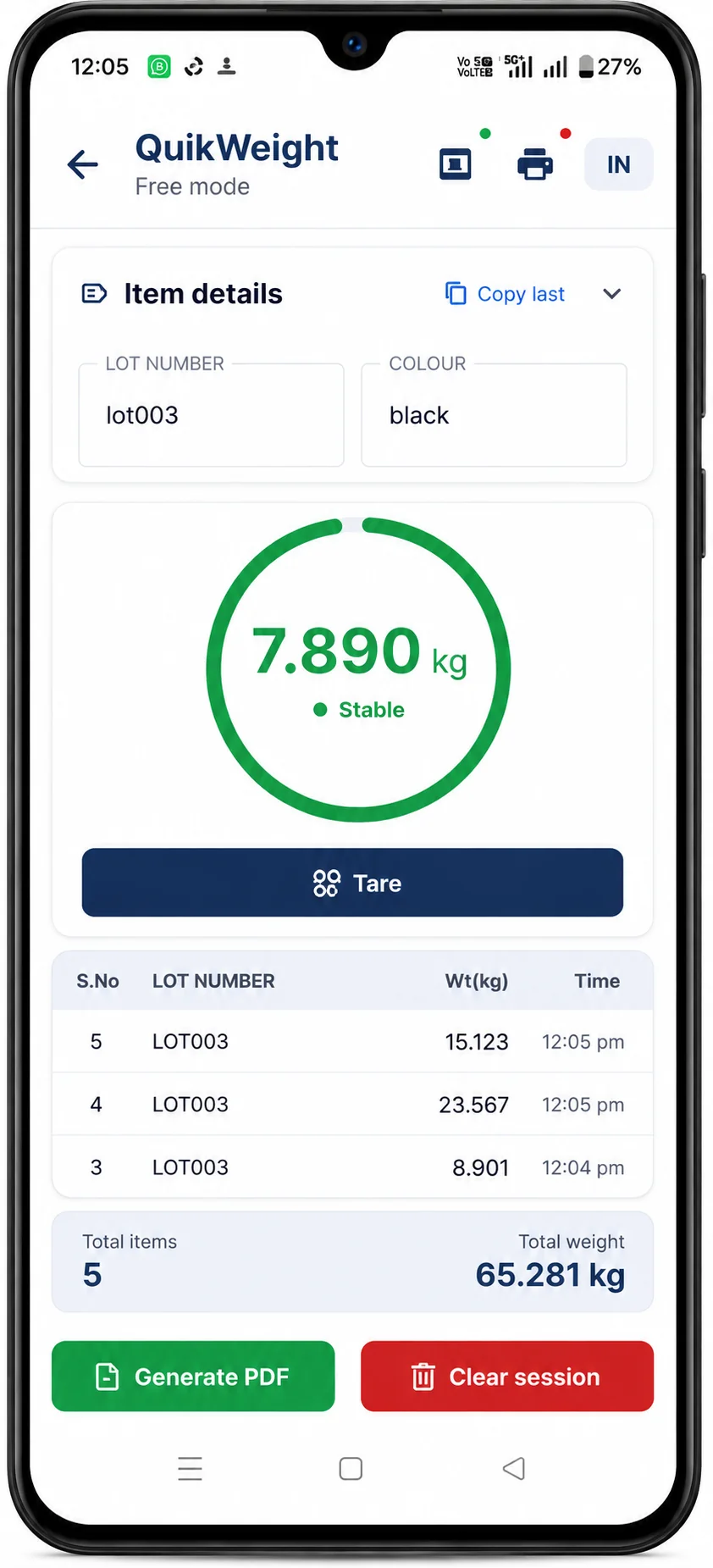 QuikWeight mobile app showing live weight capture, lot number, colour, and session history with total items and total weight