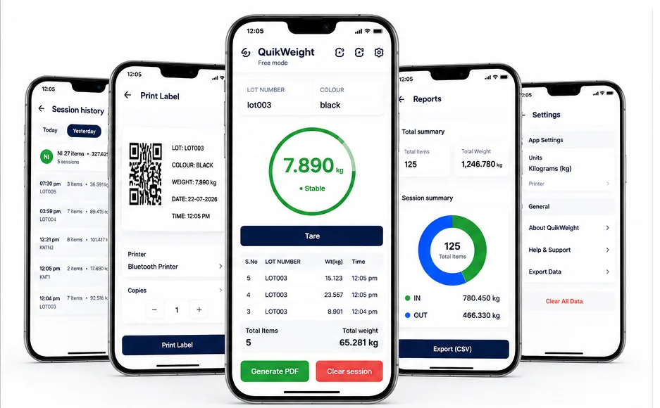 QuikWeight app screens: session history, print label, weight capture, reports, and settings