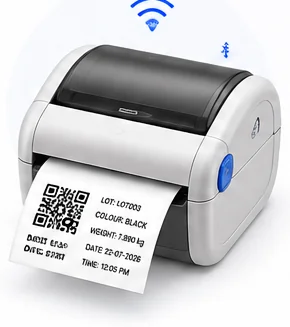 Wireless printer printing a QR label with lot and weight details