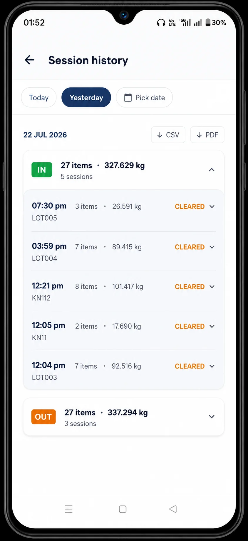 QuikWeight app session history showing IN and OUT totals
